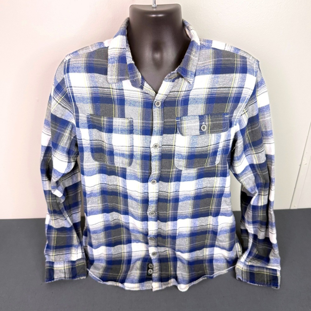 Burnside Button Down Mens Large Blue White Plaid Flannel Shirt Long Sleeve